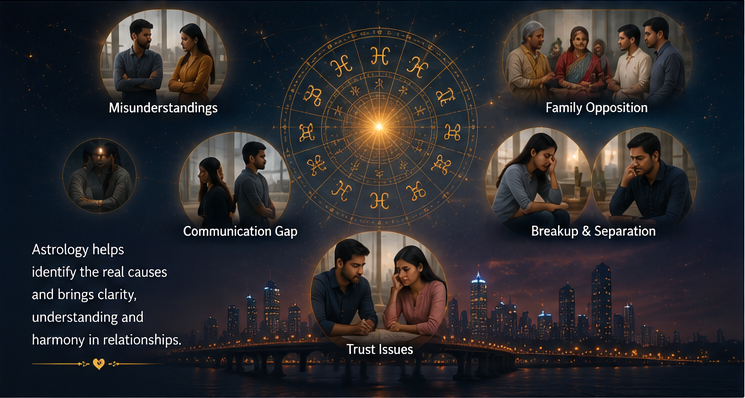 Common relationship problems including misunderstandings, trust issues, family opposition and breakup shown with astrology guidance.